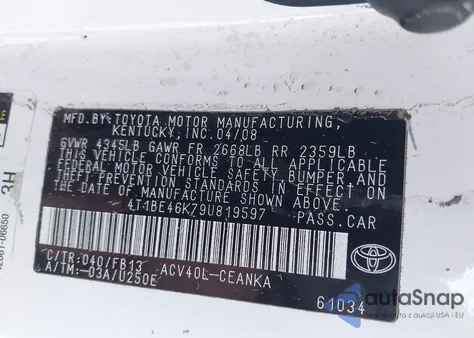 2009 Toyota Camry Le z USA, uszkodzony, nr VIN 4T1BE46K79U819597